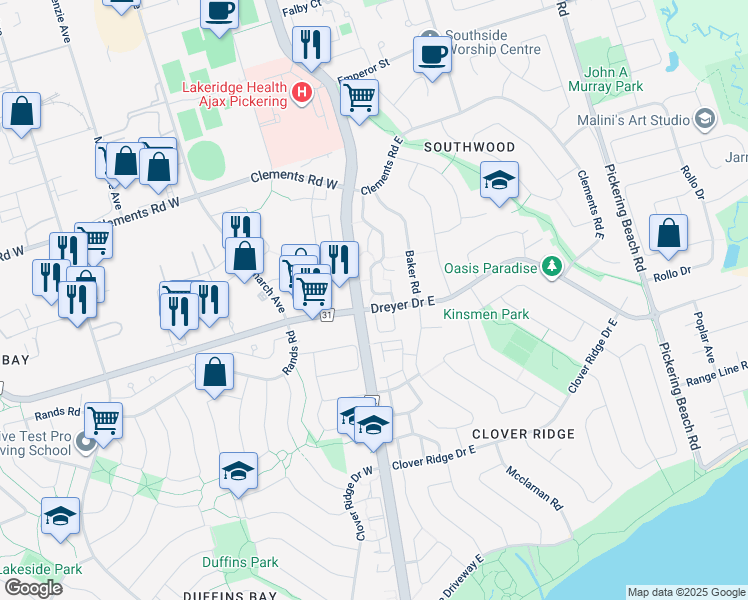 map of restaurants, bars, coffee shops, grocery stores, and more near 112 Deacon Lane in Ajax