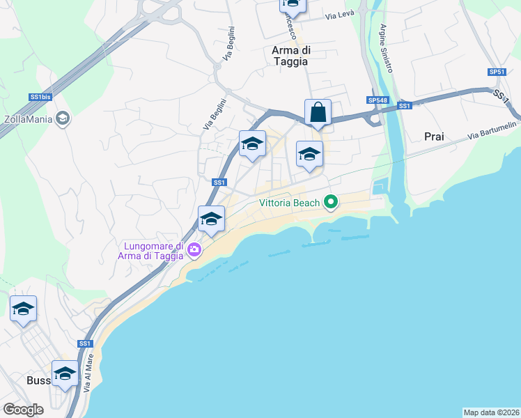 map of restaurants, bars, coffee shops, grocery stores, and more near Traversa Queirolo in Taggia