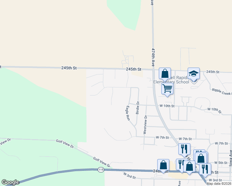 map of restaurants, bars, coffee shops, grocery stores, and more near 907 Tee Off Trail in Dell Rapids