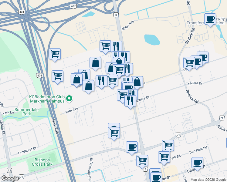 map of restaurants, bars, coffee shops, grocery stores, and more near 2820 14th Avenue in Markham