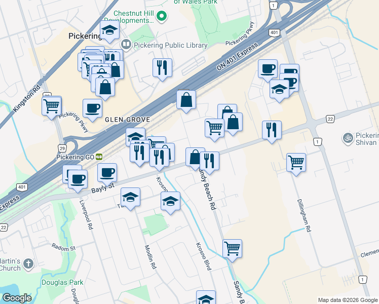 map of restaurants, bars, coffee shops, grocery stores, and more near 1010 Sandy Beach Road in Pickering