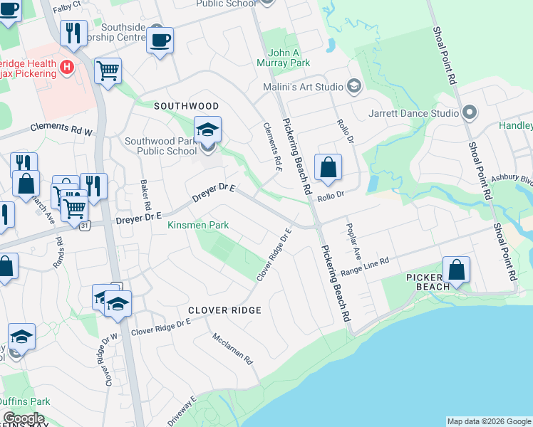 map of restaurants, bars, coffee shops, grocery stores, and more near 89 Dreyer Drive East in Ajax
