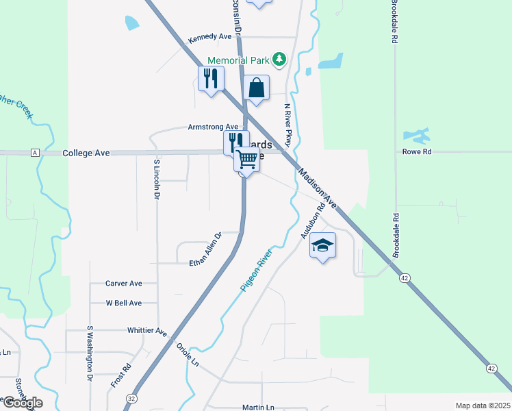 map of restaurants, bars, coffee shops, grocery stores, and more near 303 S Wisconsin Dr in Howards Grove