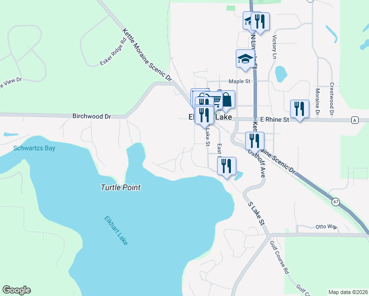 map of restaurants, bars, coffee shops, grocery stores, and more near 261 Turtle Hollow in Elkhart Lake