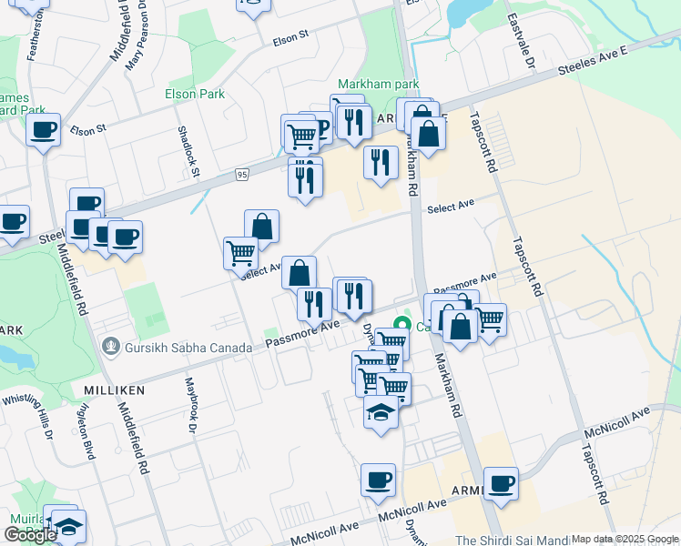 map of restaurants, bars, coffee shops, grocery stores, and more near 440 Passmore Avenue in Toronto