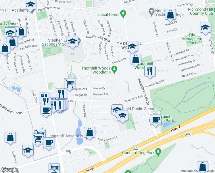 map of restaurants, bars, coffee shops, grocery stores, and more near 26 Hendel Drive in Vaughan