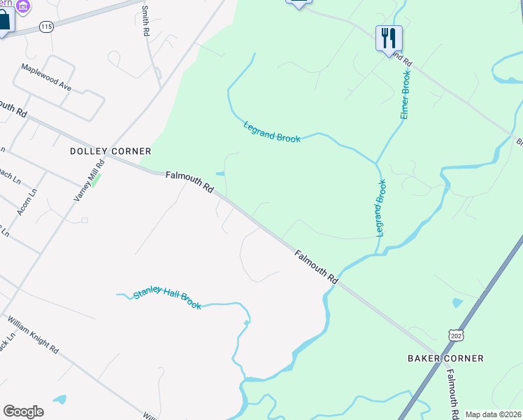 map of restaurants, bars, coffee shops, grocery stores, and more near 426 Falmouth Road in Windham