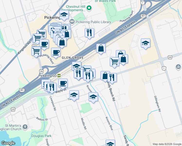 map of restaurants, bars, coffee shops, grocery stores, and more near 1435 Celebration Drive in Pickering