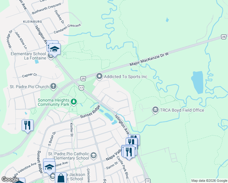 map of restaurants, bars, coffee shops, grocery stores, and more near 1 Humber Forest Court in Vaughan