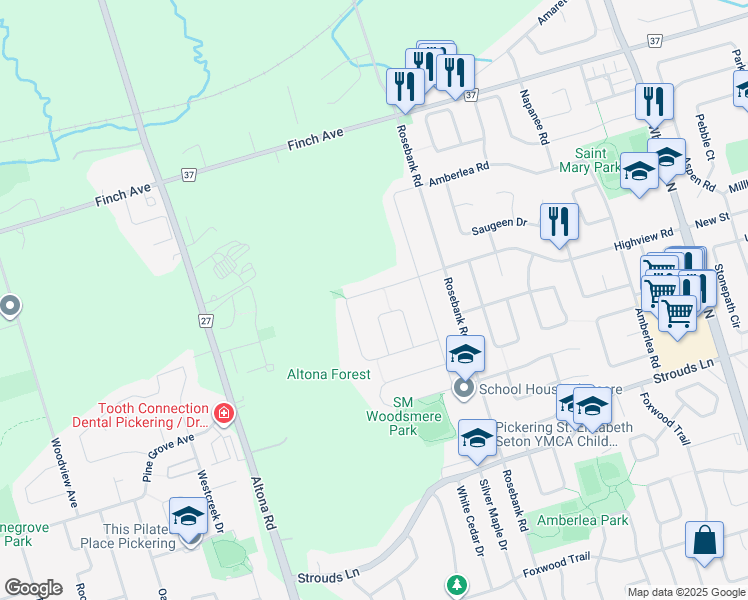 map of restaurants, bars, coffee shops, grocery stores, and more near 504 Summerpark Crescent in Pickering