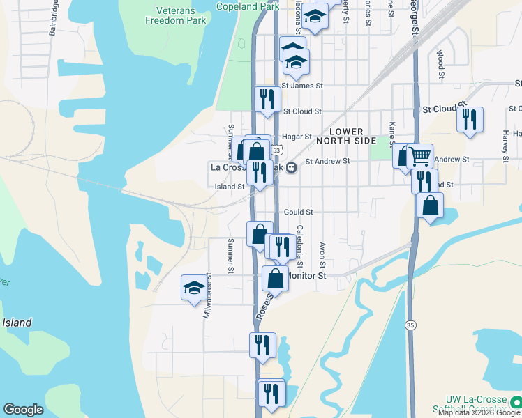 map of restaurants, bars, coffee shops, grocery stores, and more near 418 Gould Street in La Crosse