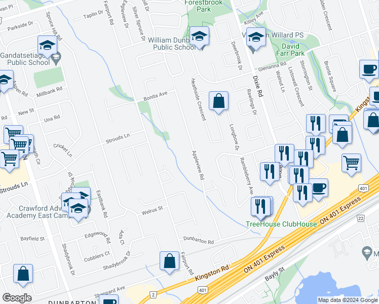 map of restaurants, bars, coffee shops, grocery stores, and more near 1832 Appleview Road in Pickering