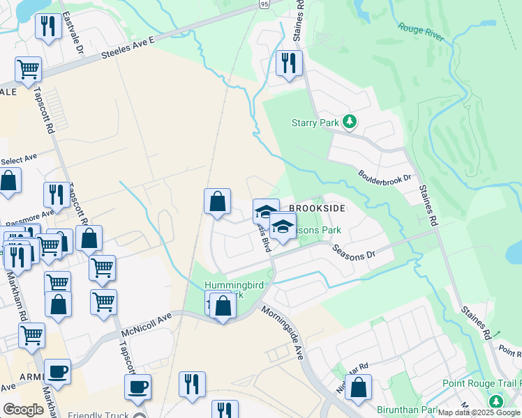 map of restaurants, bars, coffee shops, grocery stores, and more near 4 Grosbeak Crescent in Toronto