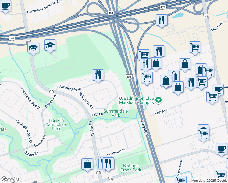map of restaurants, bars, coffee shops, grocery stores, and more near 113 Summerdale Drive in Markham
