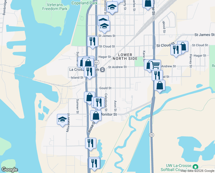 map of restaurants, bars, coffee shops, grocery stores, and more near 703 Gould Street in La Crosse