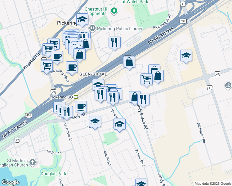 map of restaurants, bars, coffee shops, grocery stores, and more near 1435 Celebration Drive in Pickering