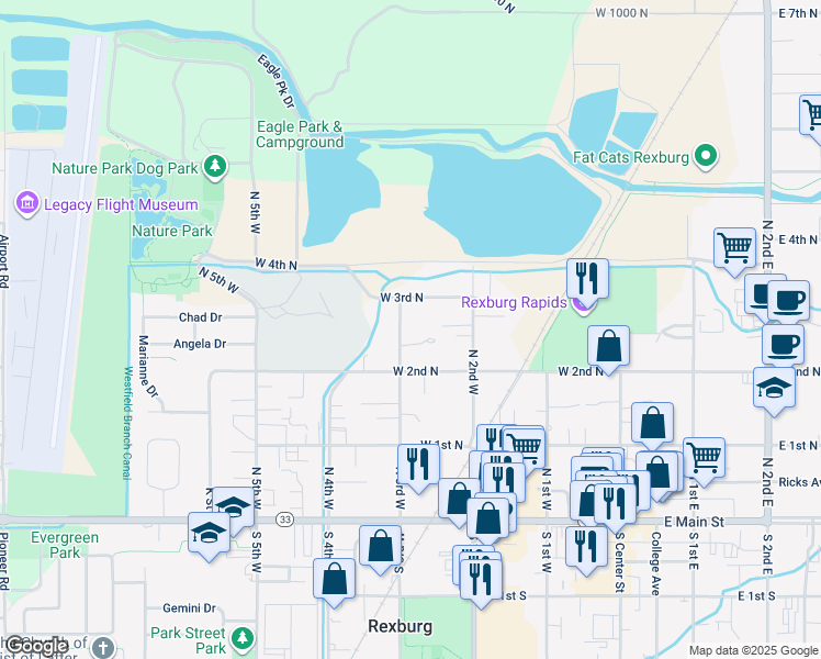 map of restaurants, bars, coffee shops, grocery stores, and more near 230 North 3rd West in Rexburg