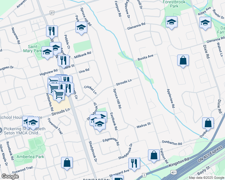 map of restaurants, bars, coffee shops, grocery stores, and more near 1848 Spruce Hill Road in Pickering