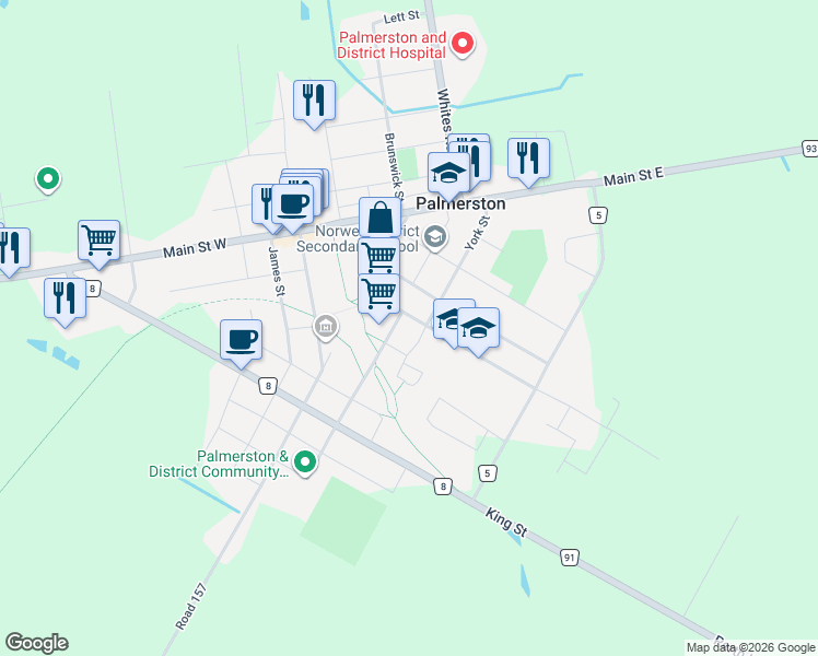 map of restaurants, bars, coffee shops, grocery stores, and more near 460 Prospect Street in Palmerston