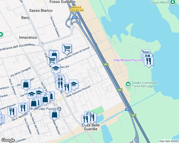 map of restaurants, bars, coffee shops, grocery stores, and more near 182 Via G. Schicchi in Viareggio