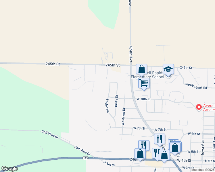 map of restaurants, bars, coffee shops, grocery stores, and more near 1006 Eagle Run in Dell Rapids