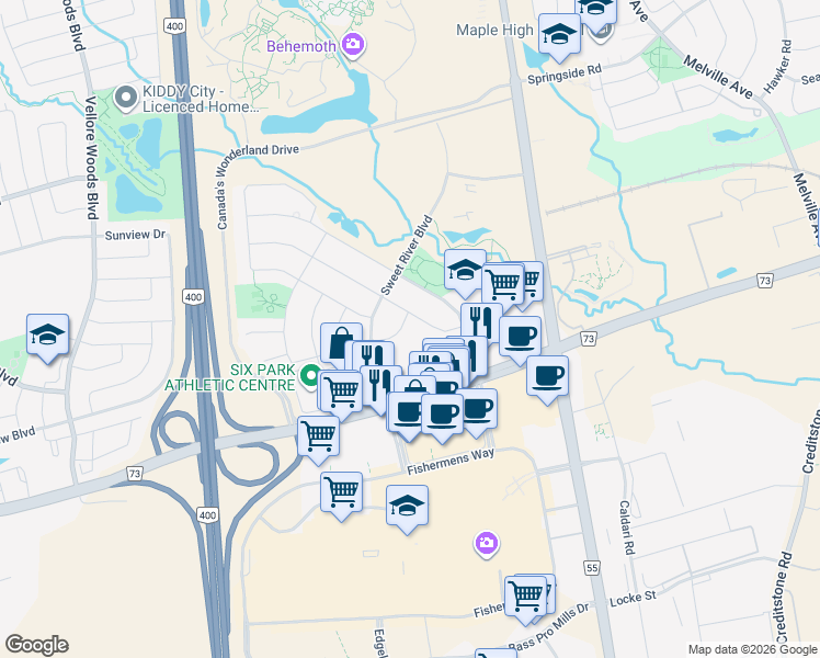 map of restaurants, bars, coffee shops, grocery stores, and more near 37 Carrillo Street in Vaughan