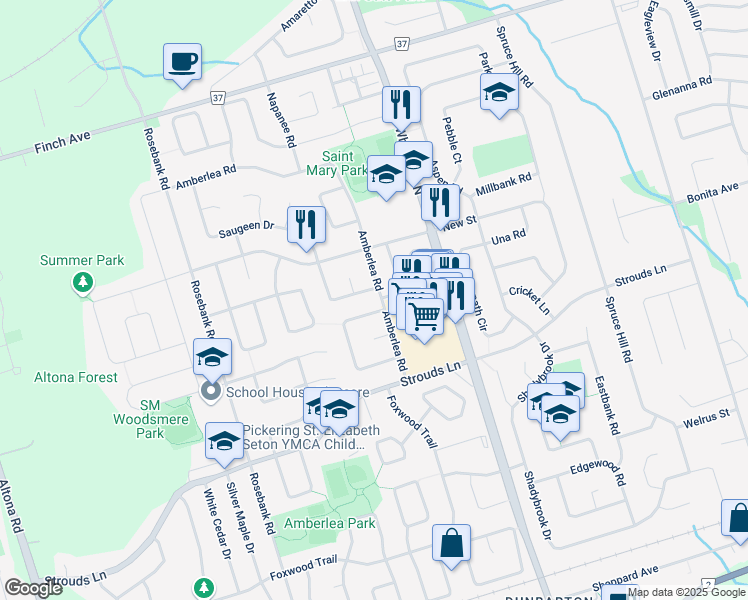 map of restaurants, bars, coffee shops, grocery stores, and more near 1532 Amberlea Road in Pickering