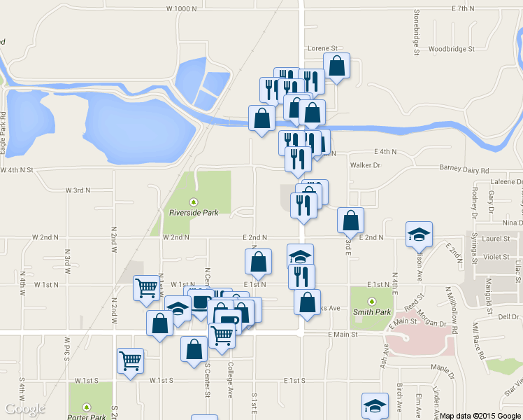 map of restaurants, bars, coffee shops, grocery stores, and more near 246 N 1st E in Rexburg
