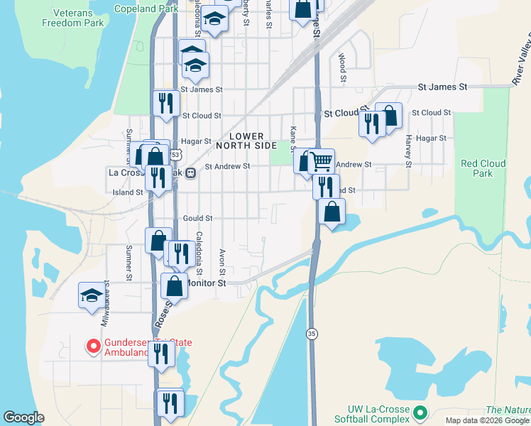 map of restaurants, bars, coffee shops, grocery stores, and more near 919 Gould Street in La Crosse
