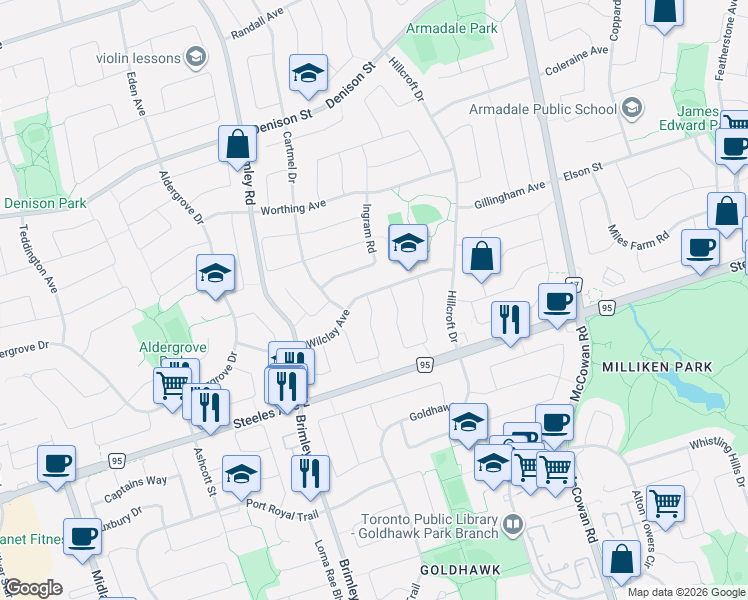 map of restaurants, bars, coffee shops, grocery stores, and more near 39 Wilclay Avenue in Markham