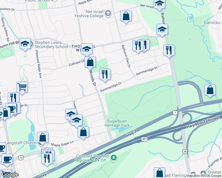 map of restaurants, bars, coffee shops, grocery stores, and more near 247 Summeridge Drive in Vaughan