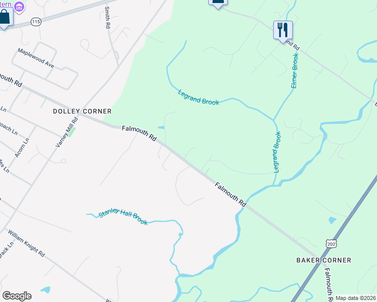 map of restaurants, bars, coffee shops, grocery stores, and more near 426 Falmouth Road in Windham