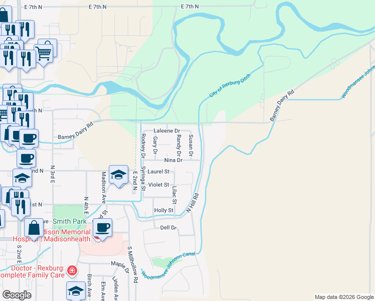 map of restaurants, bars, coffee shops, grocery stores, and more near 253 Susan Dr in Rexburg