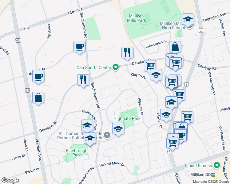 map of restaurants, bars, coffee shops, grocery stores, and more near 11 Upton Crescent in Markham
