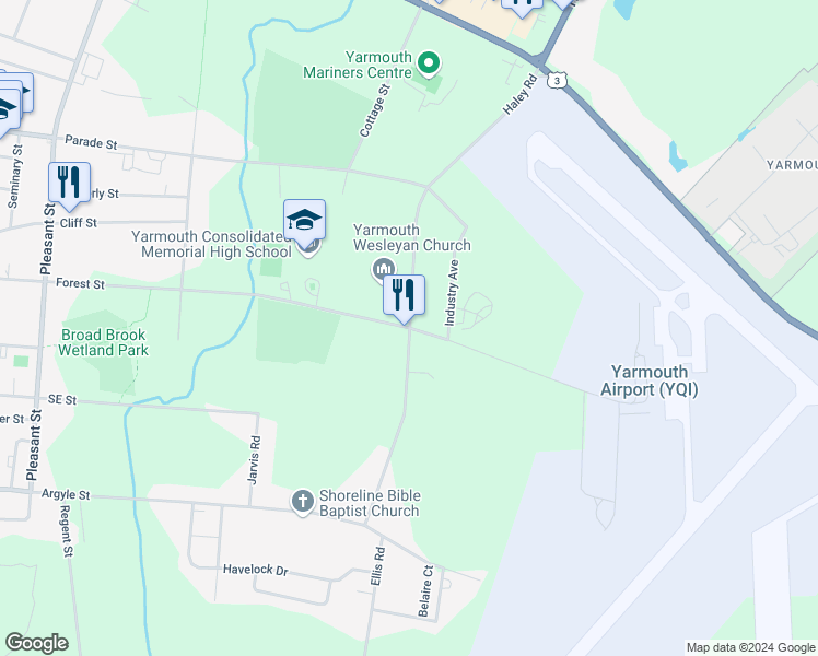 map of restaurants, bars, coffee shops, grocery stores, and more near Haley Road in Yarmouth