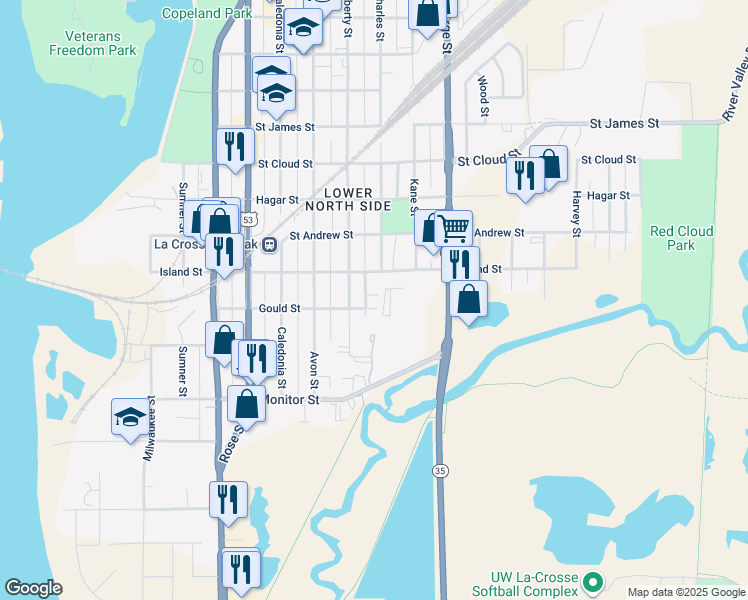 map of restaurants, bars, coffee shops, grocery stores, and more near 919 Gould Street in La Crosse