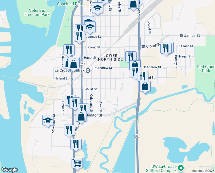 map of restaurants, bars, coffee shops, grocery stores, and more near 406 Avon Street in La Crosse