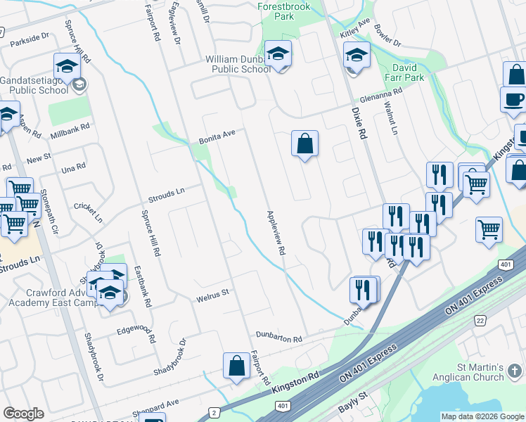 map of restaurants, bars, coffee shops, grocery stores, and more near 1832 Appleview Road in Pickering