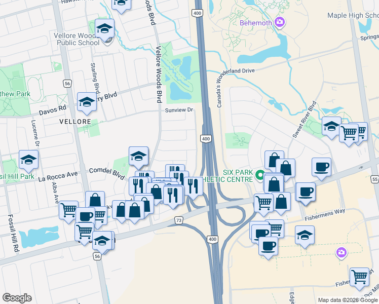 map of restaurants, bars, coffee shops, grocery stores, and more near 129 Ledge Rock Drive in Vaughan