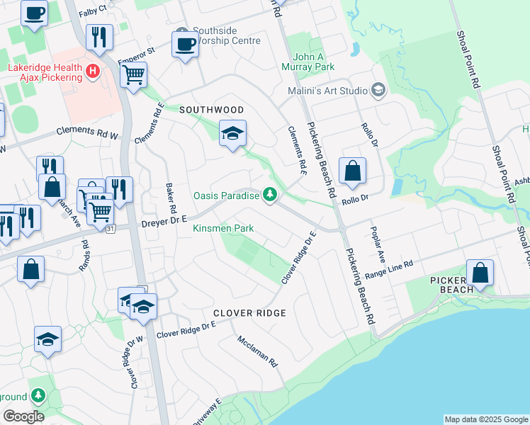 map of restaurants, bars, coffee shops, grocery stores, and more near 94 Bryant Road in Ajax