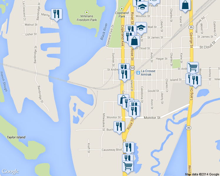 map of restaurants, bars, coffee shops, grocery stores, and more near 401 Sumner St in La Crosse