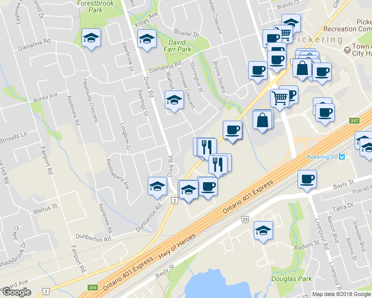 map of restaurants, bars, coffee shops, grocery stores, and more near 1709 Wollaston Court in Pickering