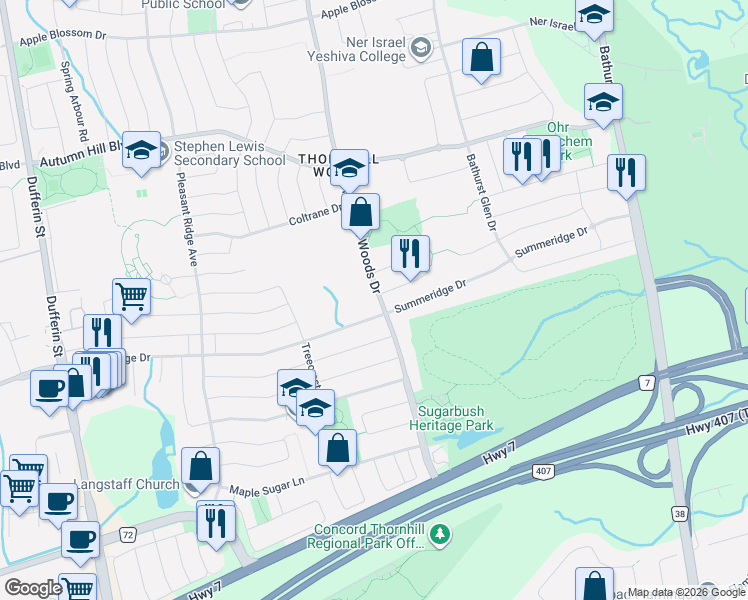 map of restaurants, bars, coffee shops, grocery stores, and more near in Vaughan