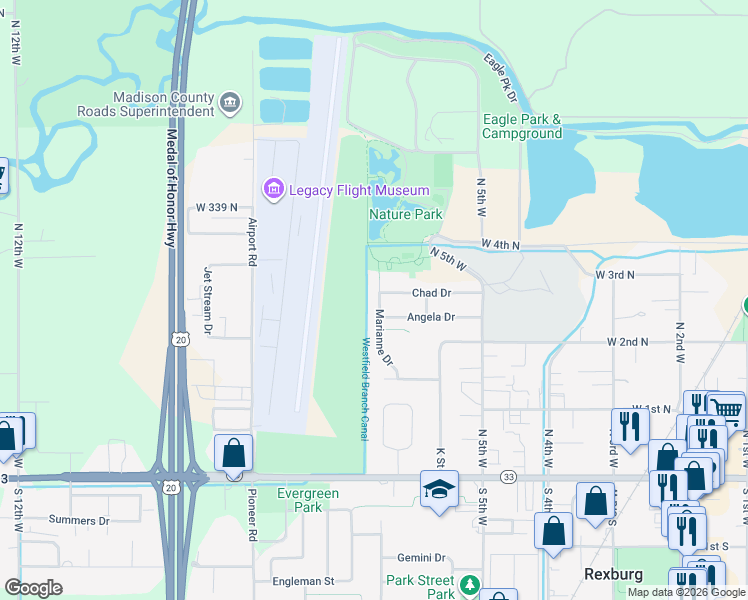 map of restaurants, bars, coffee shops, grocery stores, and more near 257 Marianne Drive in Rexburg