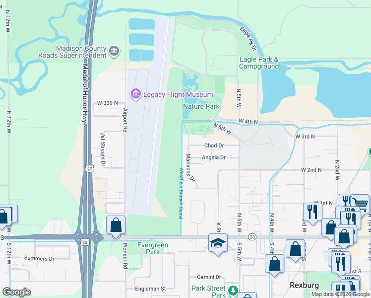 map of restaurants, bars, coffee shops, grocery stores, and more near 257 Marianne Drive in Rexburg