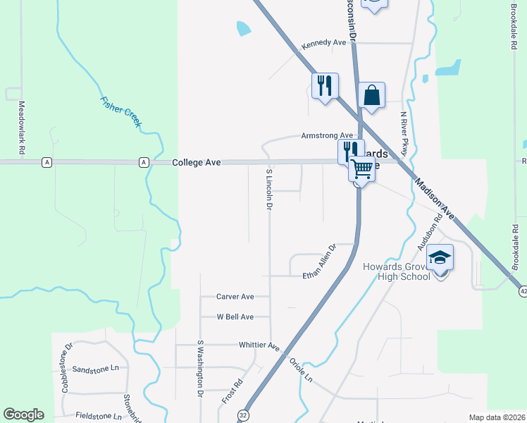 map of restaurants, bars, coffee shops, grocery stores, and more near 224 South Lincoln Drive in Howards Grove