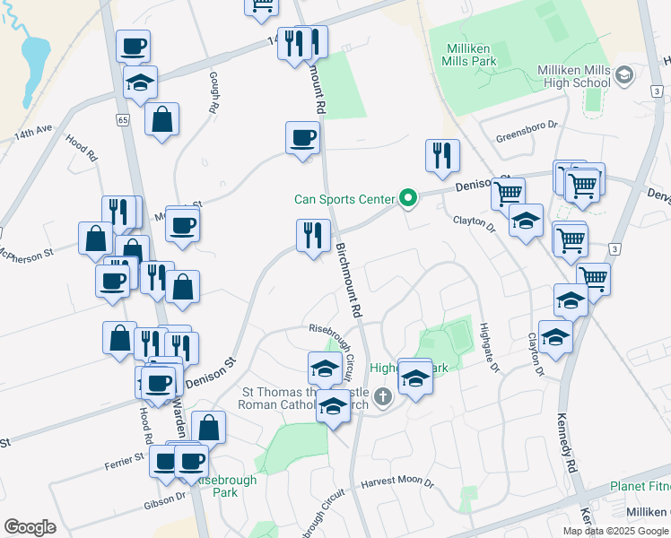 map of restaurants, bars, coffee shops, grocery stores, and more near 7300 Birchmount Road in Markham
