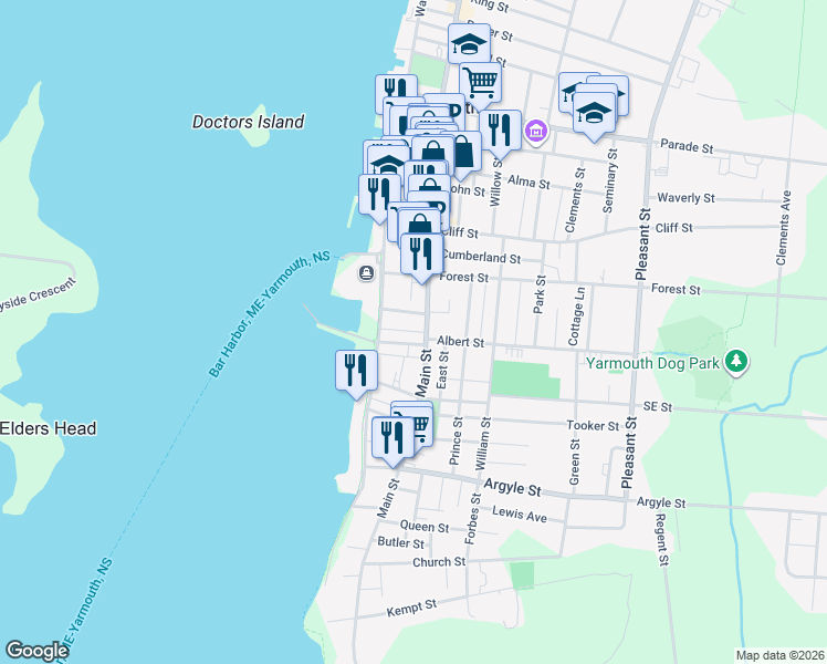 map of restaurants, bars, coffee shops, grocery stores, and more near Haskell Street in Yarmouth