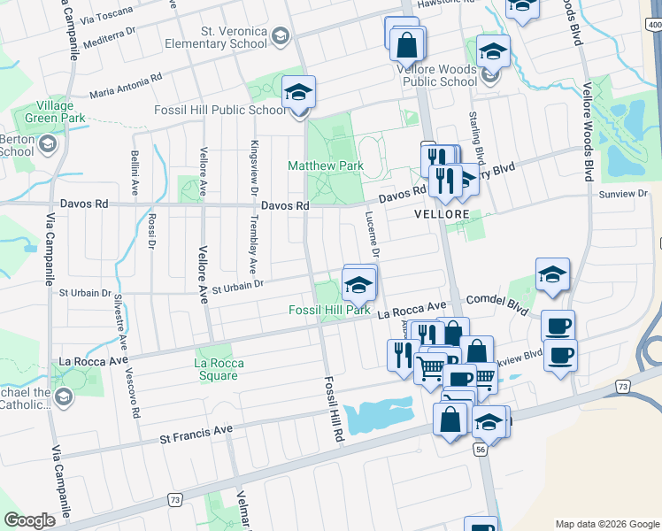 map of restaurants, bars, coffee shops, grocery stores, and more near 24 Montcalm Boulevard in Vaughan