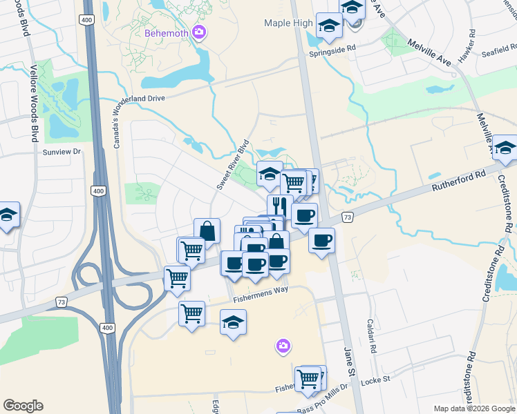 map of restaurants, bars, coffee shops, grocery stores, and more near 12 Camino Drive in Vaughan